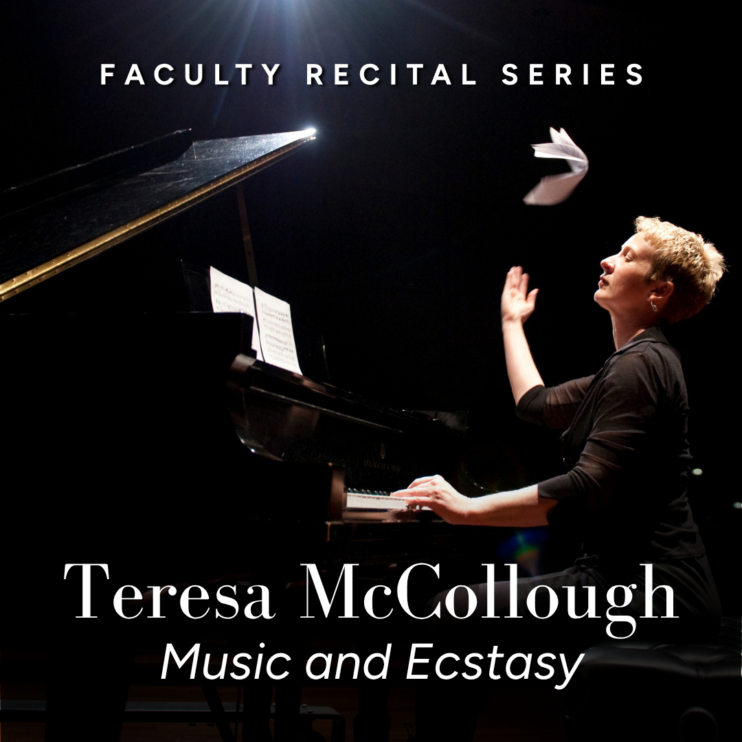 Pianist Teresa McCollough performs at a grand piano under a dramatic spotlight as sheets of music fly above her.