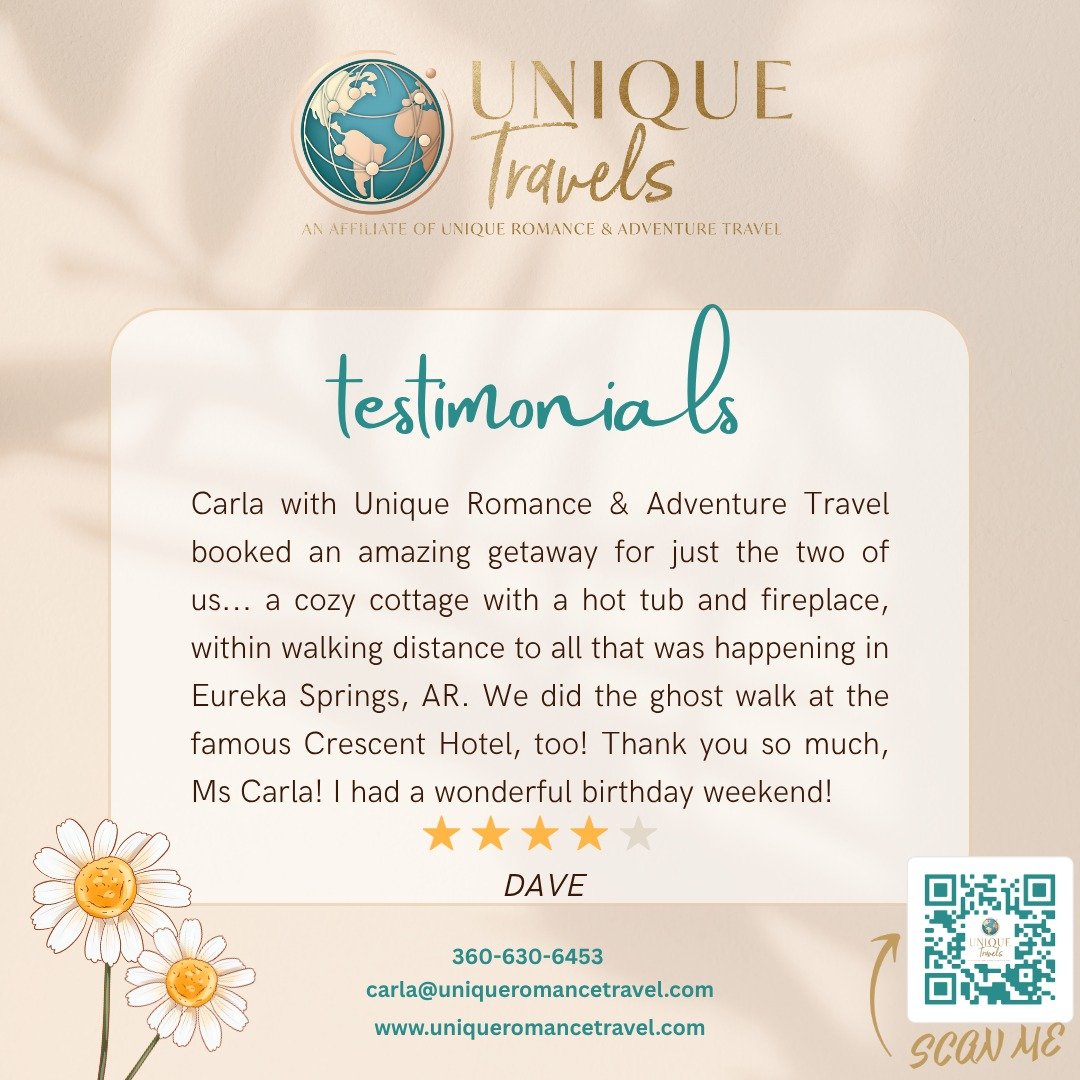 Hot tub, fireplace, and ghost stories&mdash;Carla crafted the ultimate birthday escape in Eureka Springs. Just the two of us, and it was perfect. 💕

📞 360-630-6453
📧 carla@uniqueromancetravel.com
🌐 www.uniqueromancetravel.com

#RomanticGetaway #E