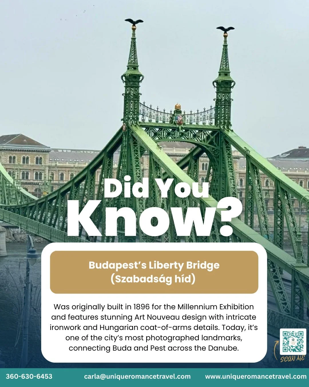 Discover one of Budapest&rsquo;s gems - the Liberty Bridge (Szabads&aacute;g h&iacute;d), where history, stunning architecture, and Danube views come together

✨ Let me help you explore Budapest like a local!
📞 360-630-6453
 📧 carla@uniqueromancetr