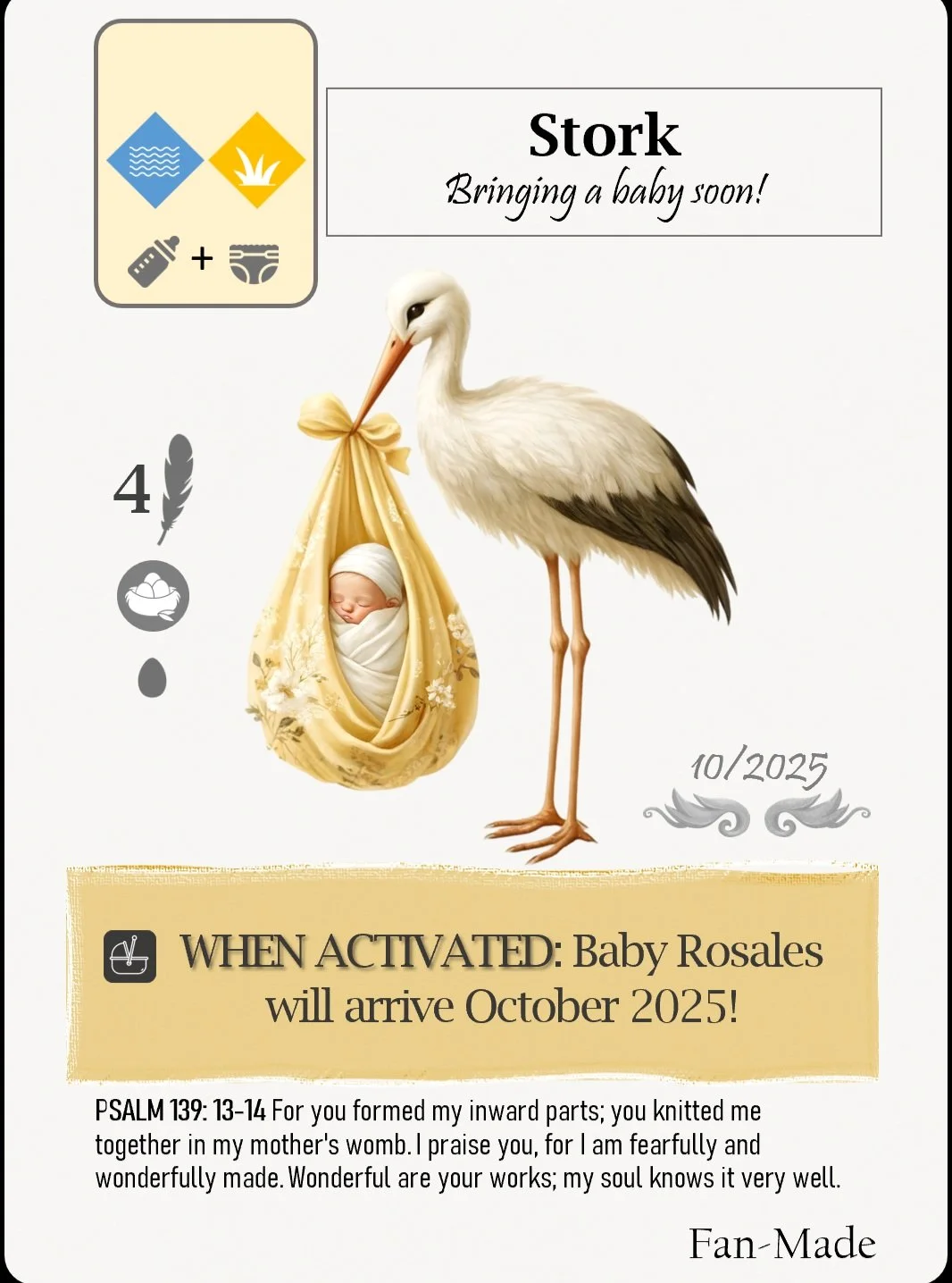 Fan-made Wingspan Pregnancy Announcements!

Last year (2025), my wife and I found out that we were having another child. To surprise her parents with the news, I created these Wingspan-inspired pregnancy announcements, since this was one of our go-to