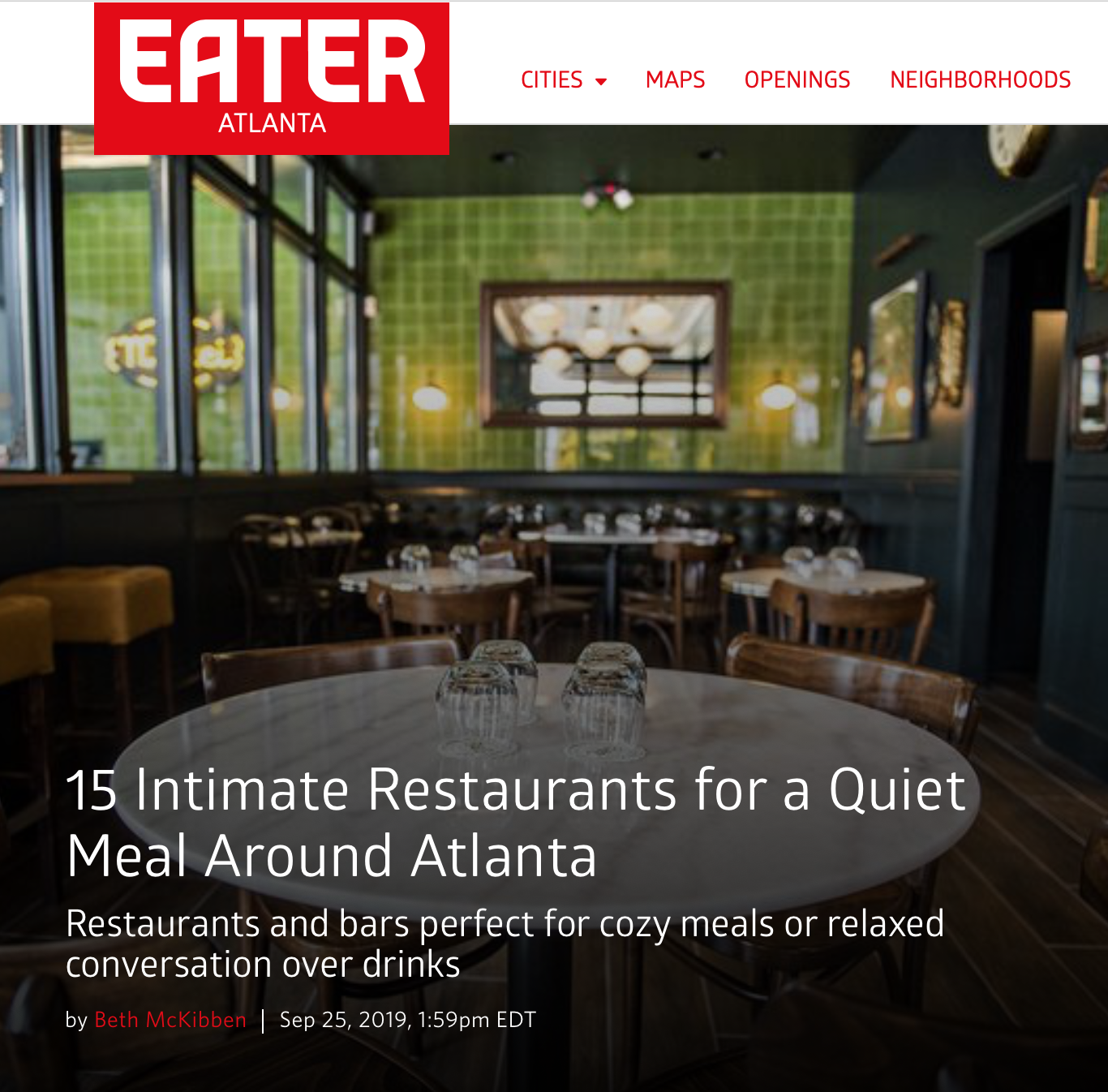Floataway Cafe Named in Eater Atlanta's 15 Intimate Restaurants for a Quiet Meal Around Atlanta