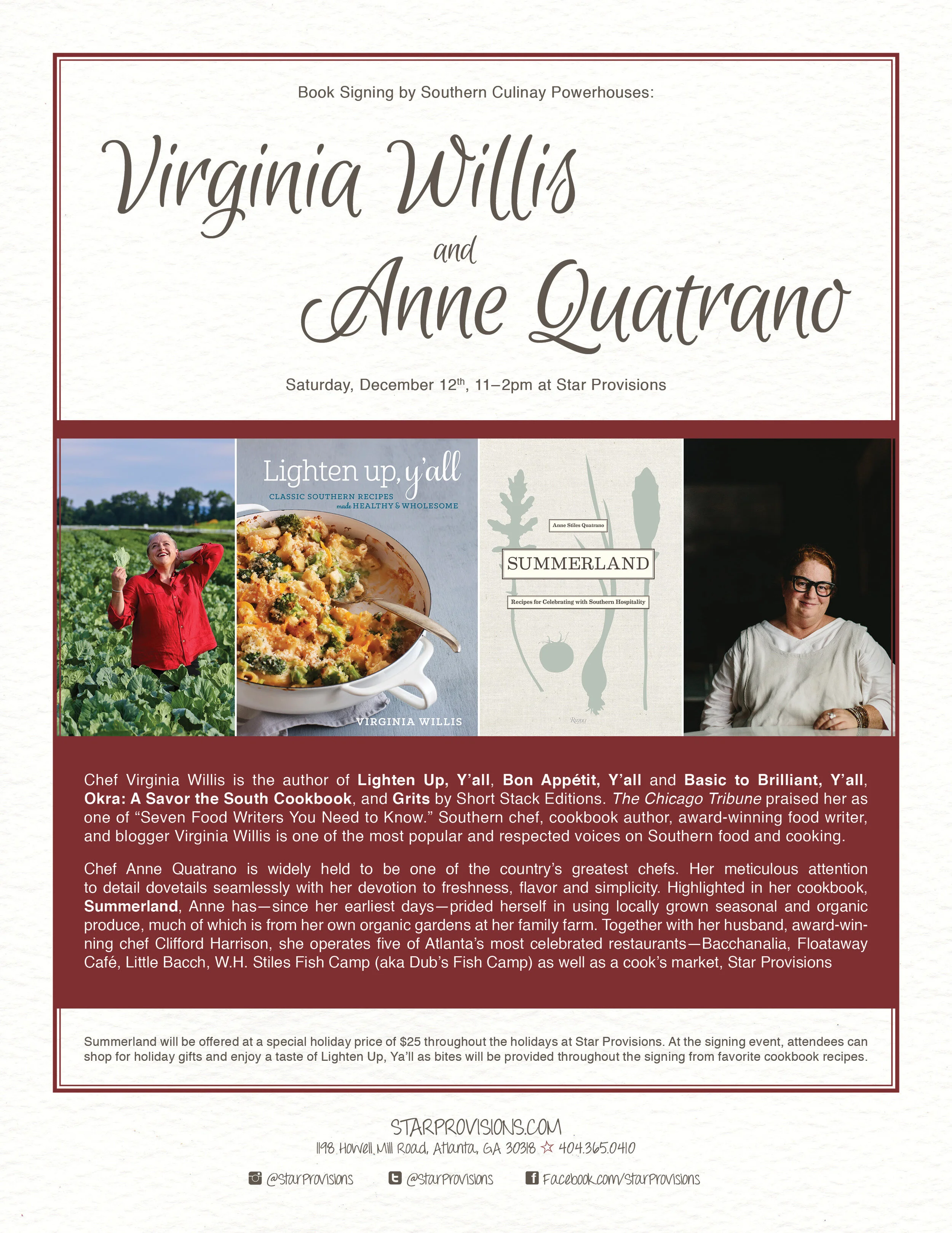 Book signing by Southern Culinary Powerhouses: Virginia Willis and Anne Quatrano