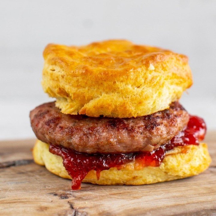 The perfect mix of sweet and savory! Try our sausage biscuit with strawberry preserves 🍓