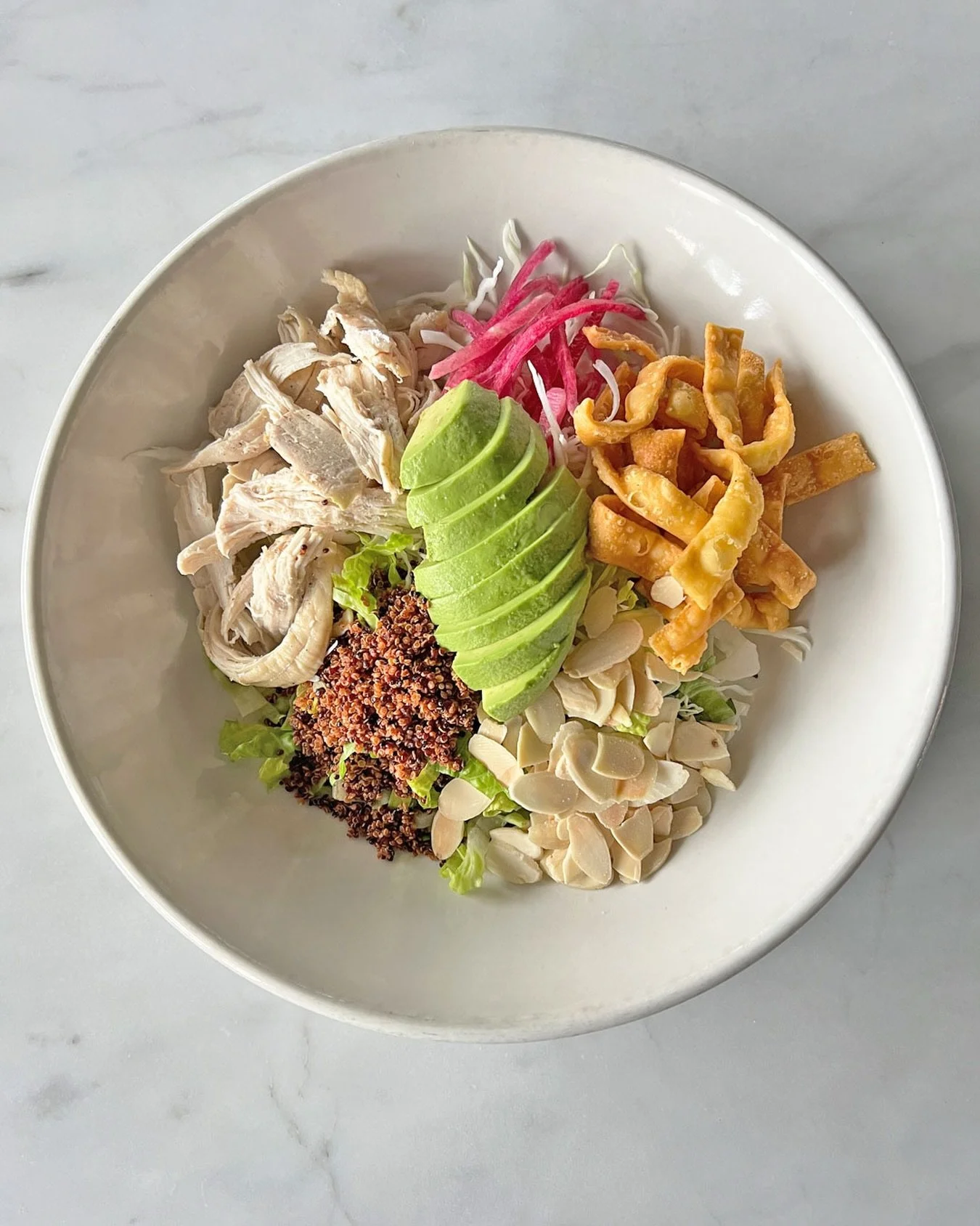 A signature lunch at Star Provisions ☆  Roast Chicken, Greens, Avocado, Almonds, Crispy Strips, Quinoa and a Ginger Vinaigrette!