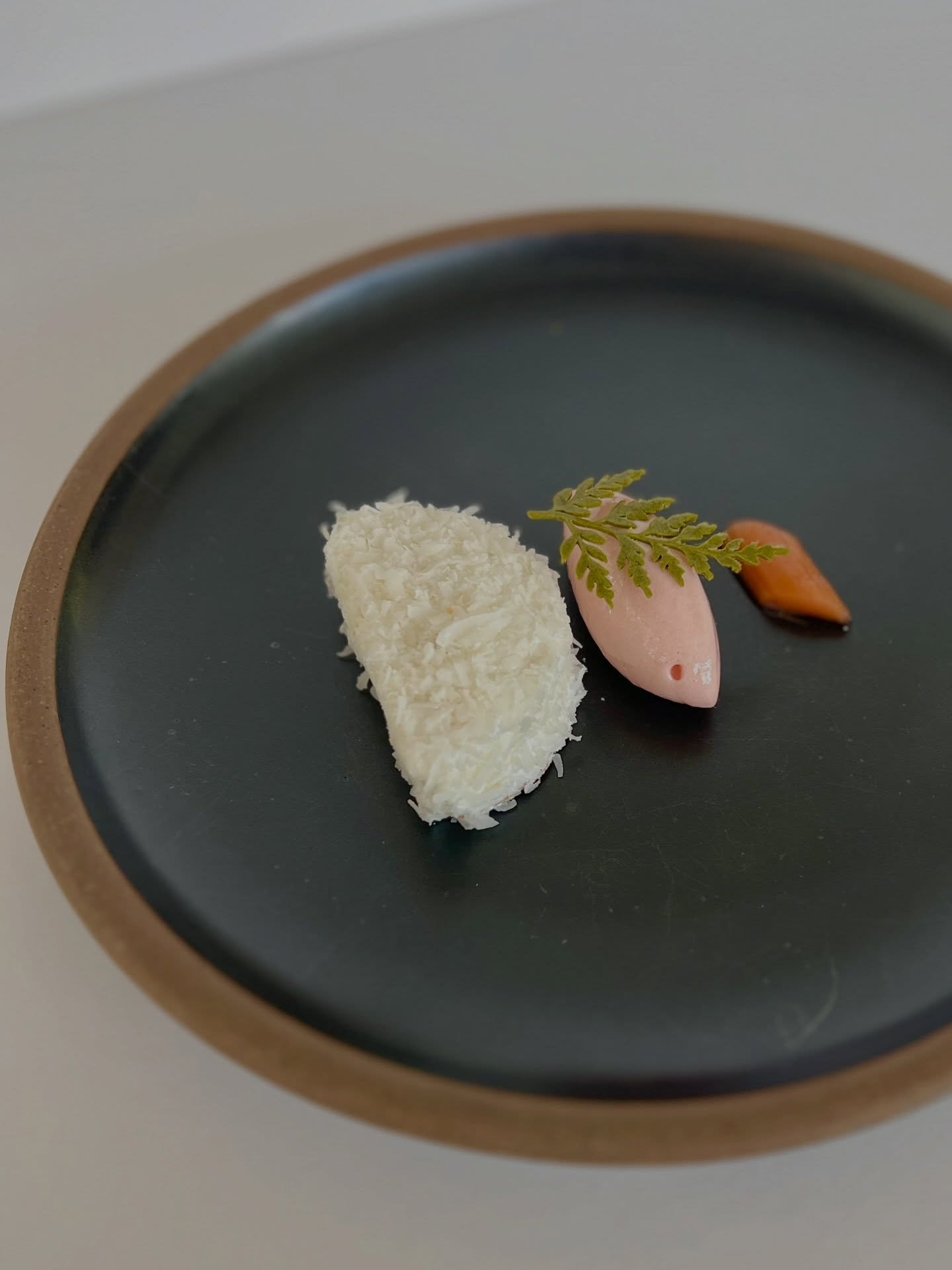 Something sweet from Bacchanalia - coconut &amp; rhubarb cake, rhubarb sorbet, poached rhubarb and a delicate matcha tuielle leaf 🌱