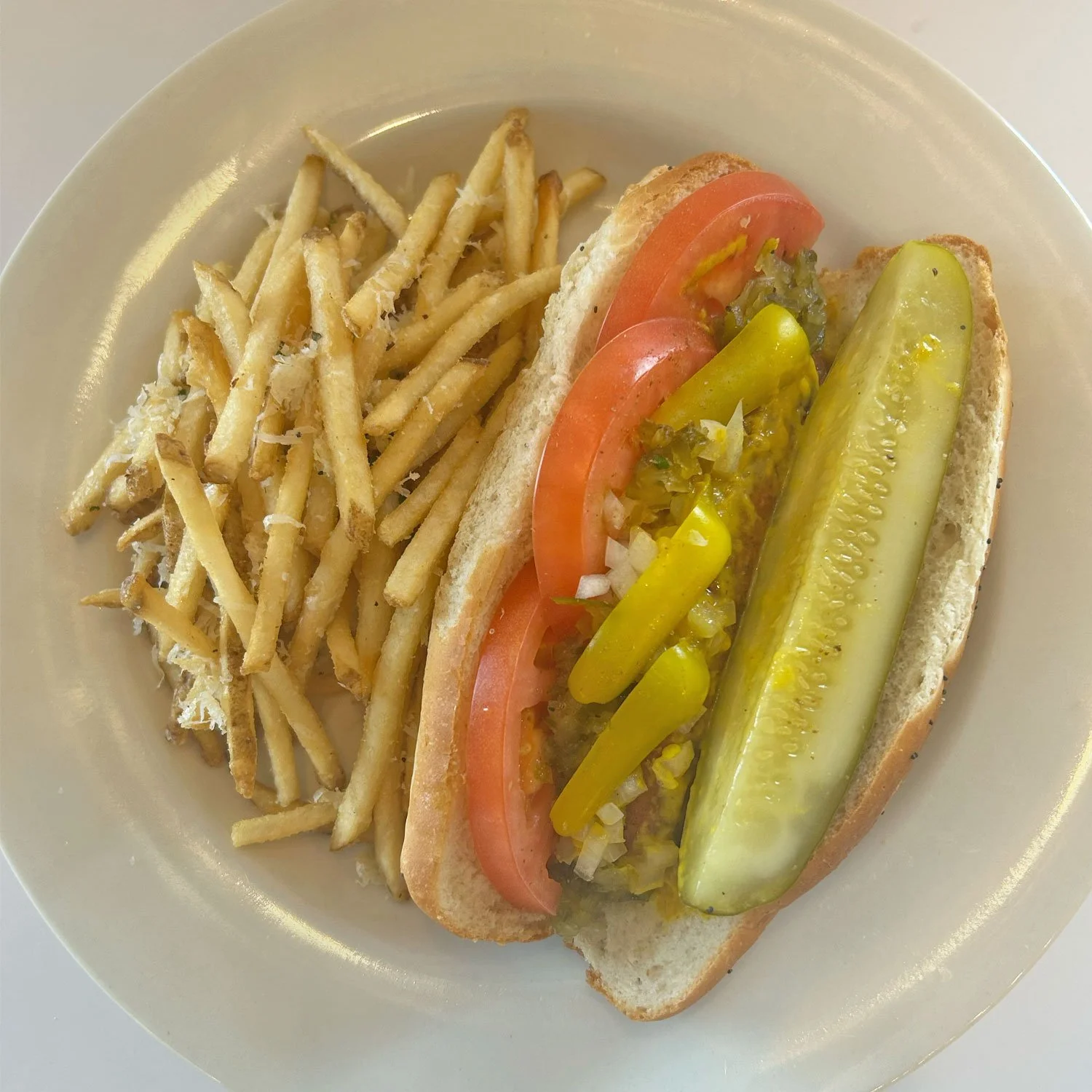 Star Provisions Chicago Dog - Mustard, Onions, Hot Peppers, Pickles - Served with Fries