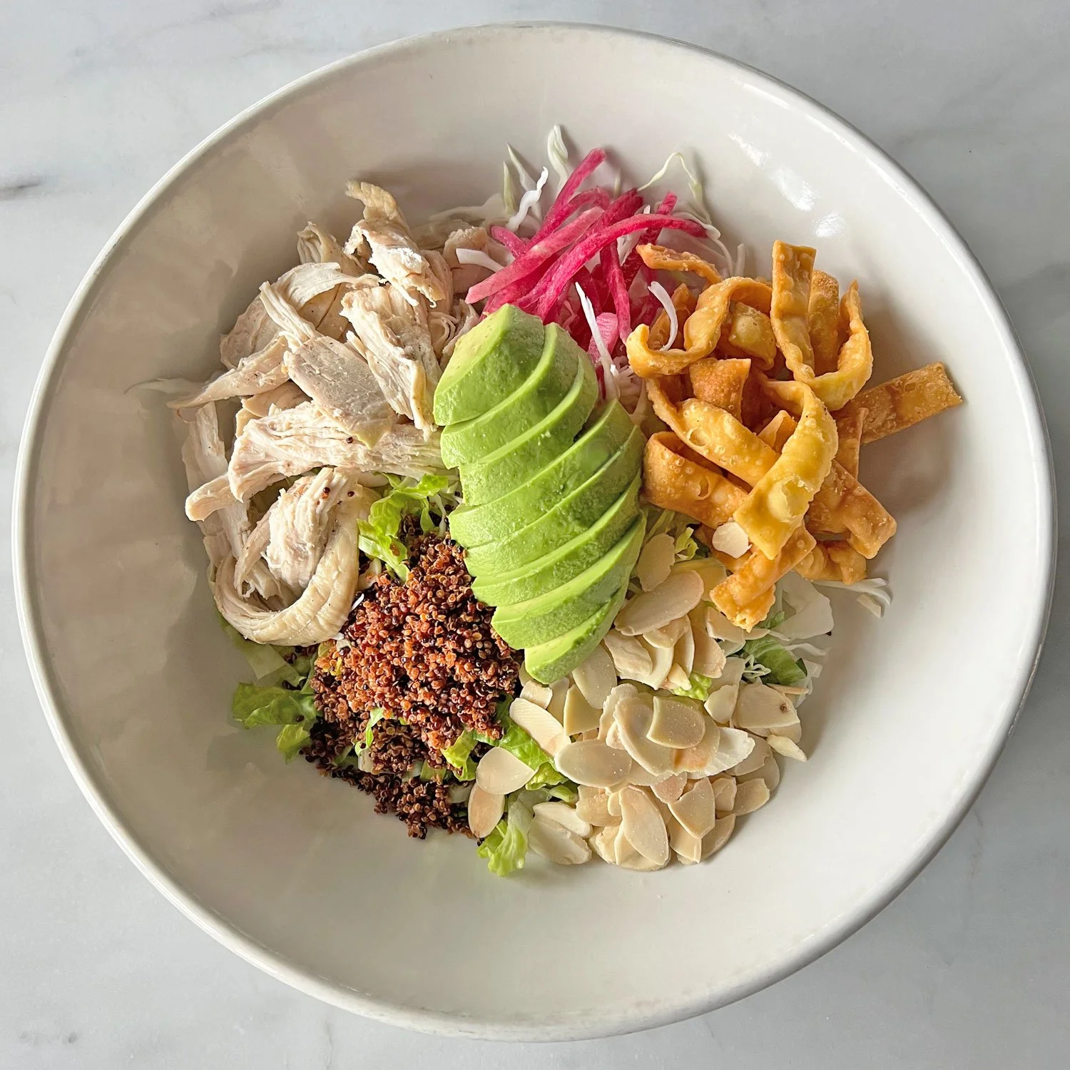 BOARDS + BOWLS: Roast Chicken Salad with Greens, Avocado, Crispy Strips, Quinoa and Sesame Ginger Vinaigrette
