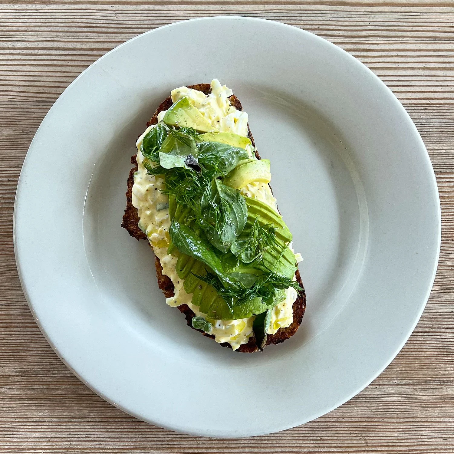 BREAKFAST: Pickled Egg Salad, Avocado, Herbs on Multigrain Toast