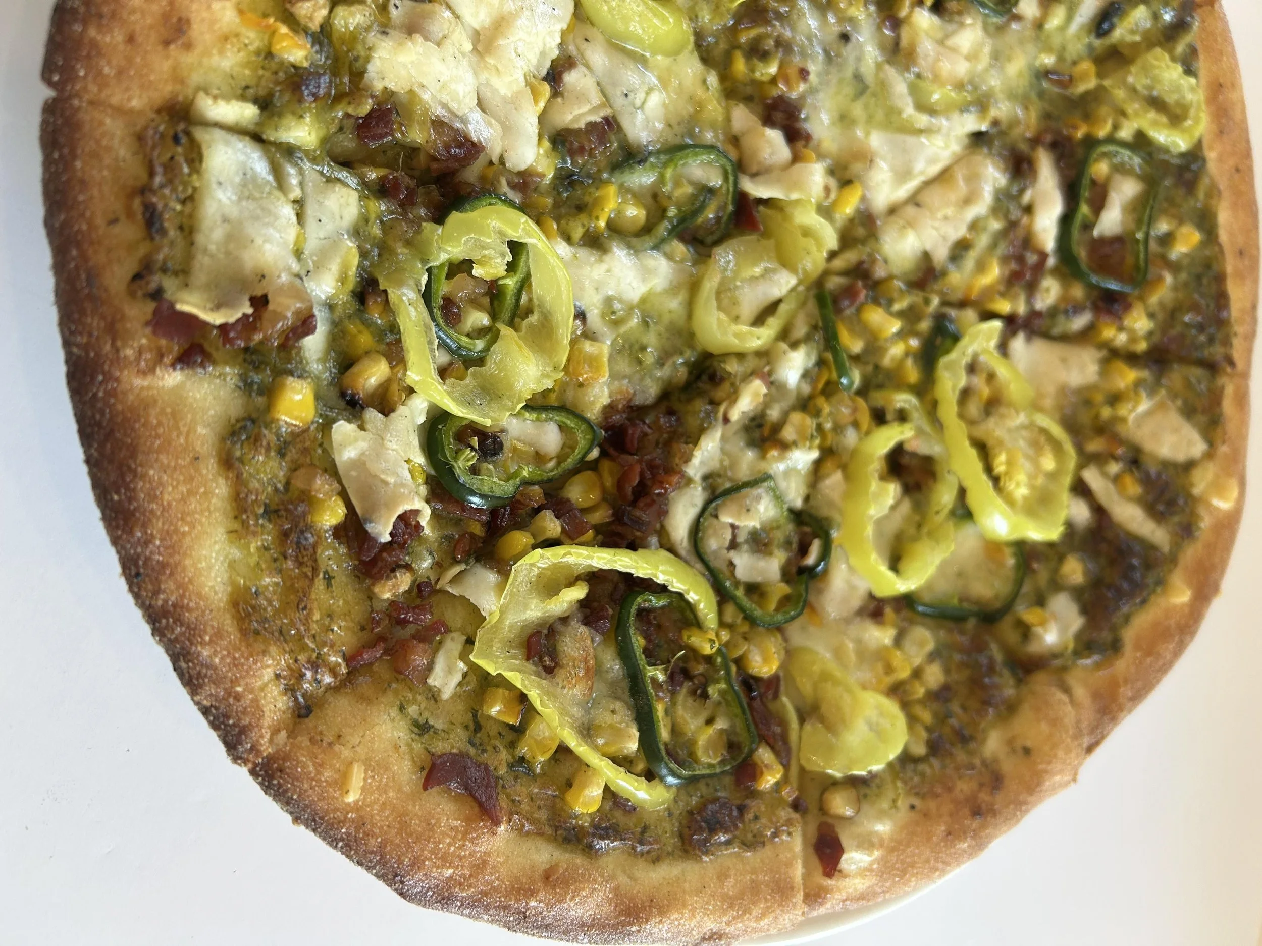 BOARDS + BOWLS: Pizza with Poblano Cream, Corn, Prosciutto, Pecorino, Pickled Peppers