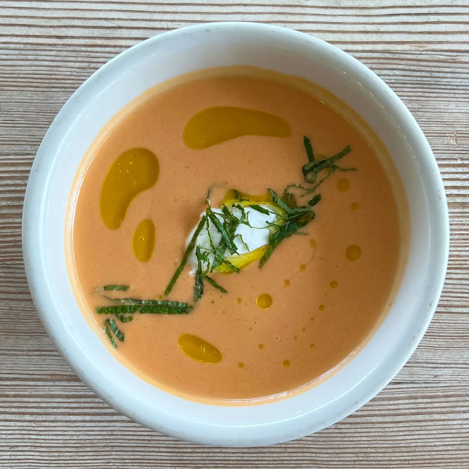SOUP:  CHILLED WATERMELON GAZPACHO, bread, almonds, mint, olive oil, fromage blanc