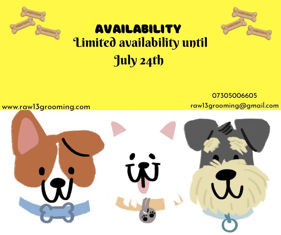 🟡🔸Limited Availability Until July 24th🔸🟡

If your looking to get your dog groomed or teeth cleaned with myself i have very little availability left until the 24th July, 

www.raw13grooming.com
or
phone ☎️ or message 07305006605
or
email raw13groo
