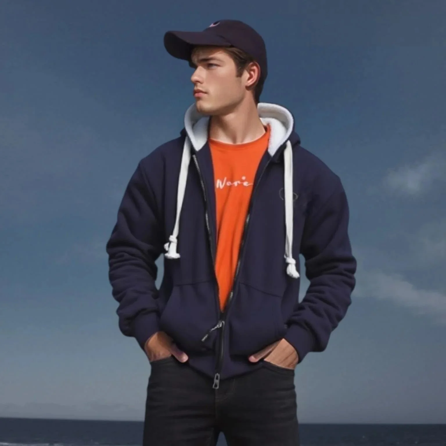 Male young model wearing dark blue WaveMe StayDri short hoody with sherpa lining and chunky white cords
