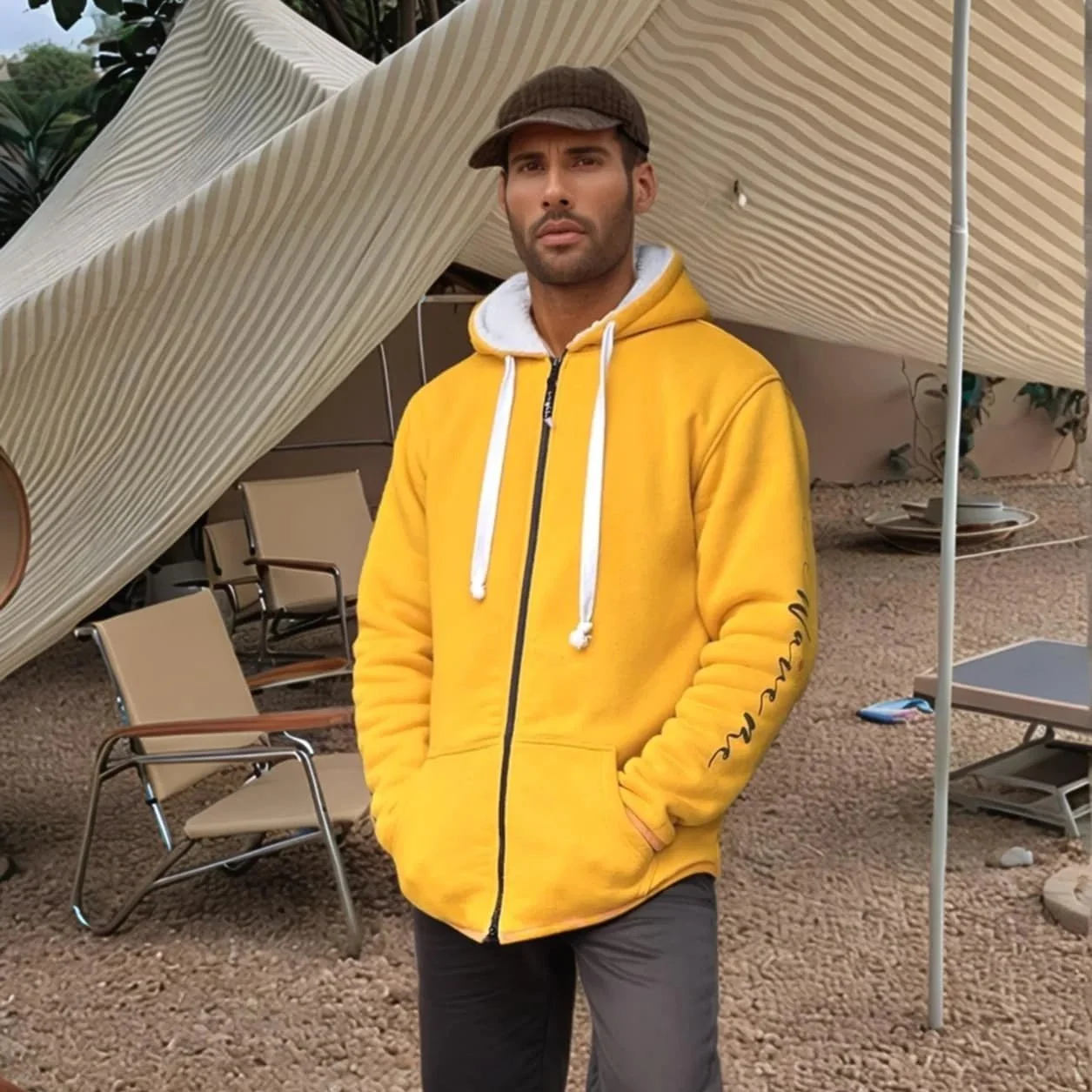 Male model outside tent wearing WaveMe StayDri Hybrid Hoody in yellow sunrise colour