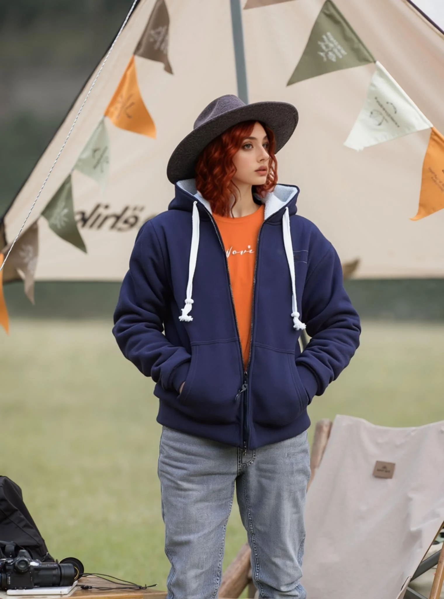 Red hair female outside T-Pee tent with bunting wearing WaveMe StayDri short blue hoody with sherpa lining