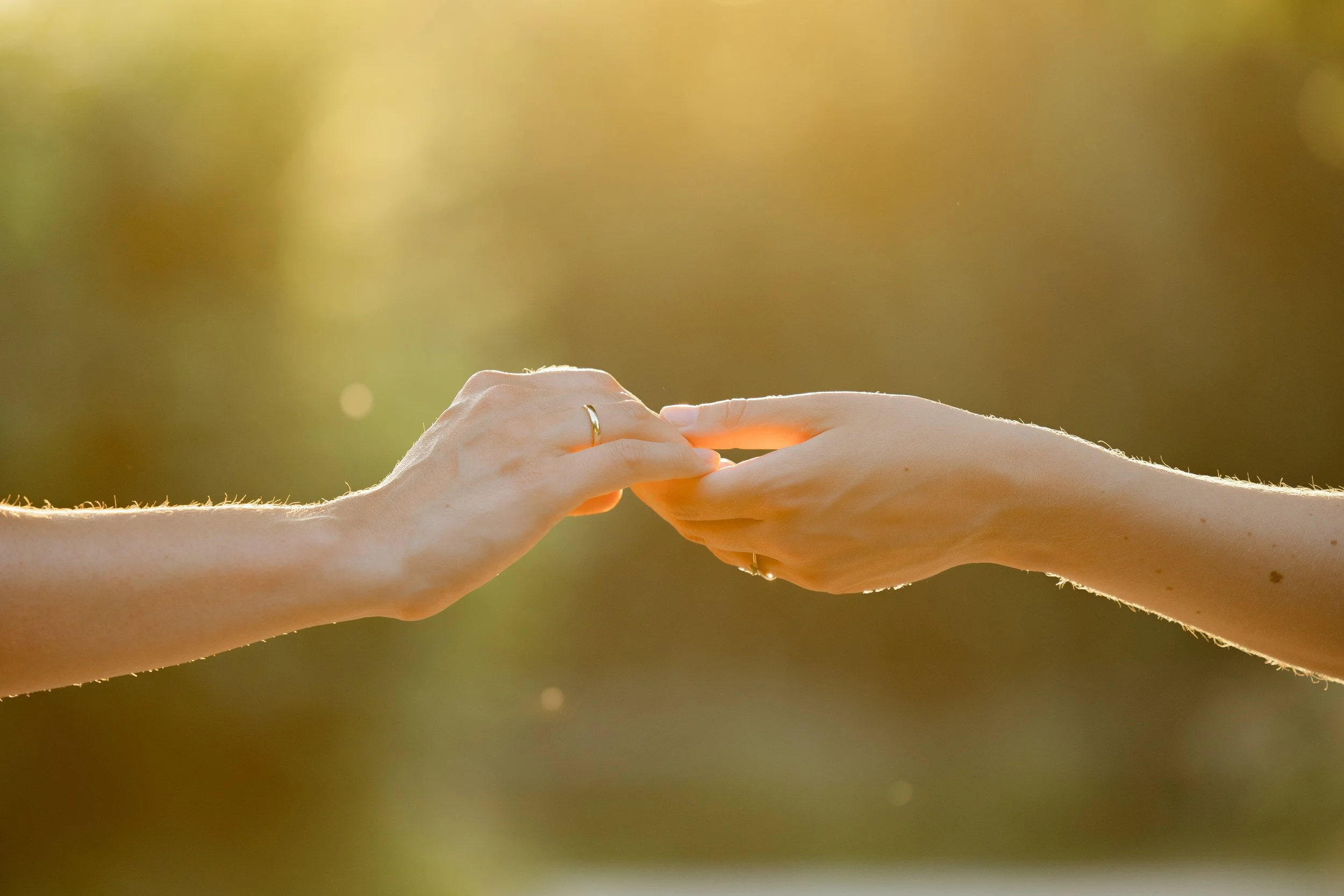 Close up van handen van het bruidspaar in warm tegenlicht tijdens een romantische trouwshoot