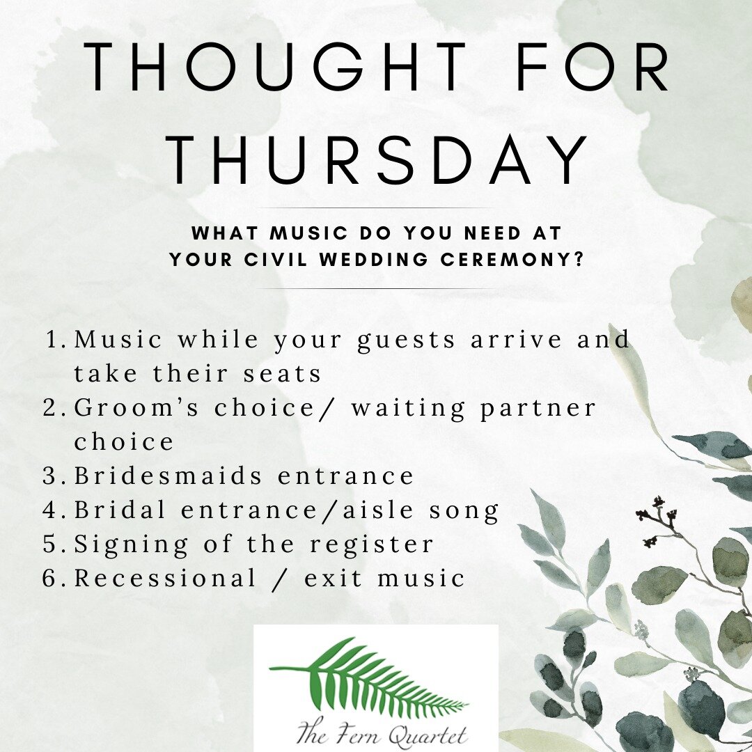Thought for Thursday: What Music do you need at your civil wedding ceremony?
How little or how much music you have is entirely up to you. Some couples like the minimum and some couples like to max out their ceremony with extra music, readings, poems 