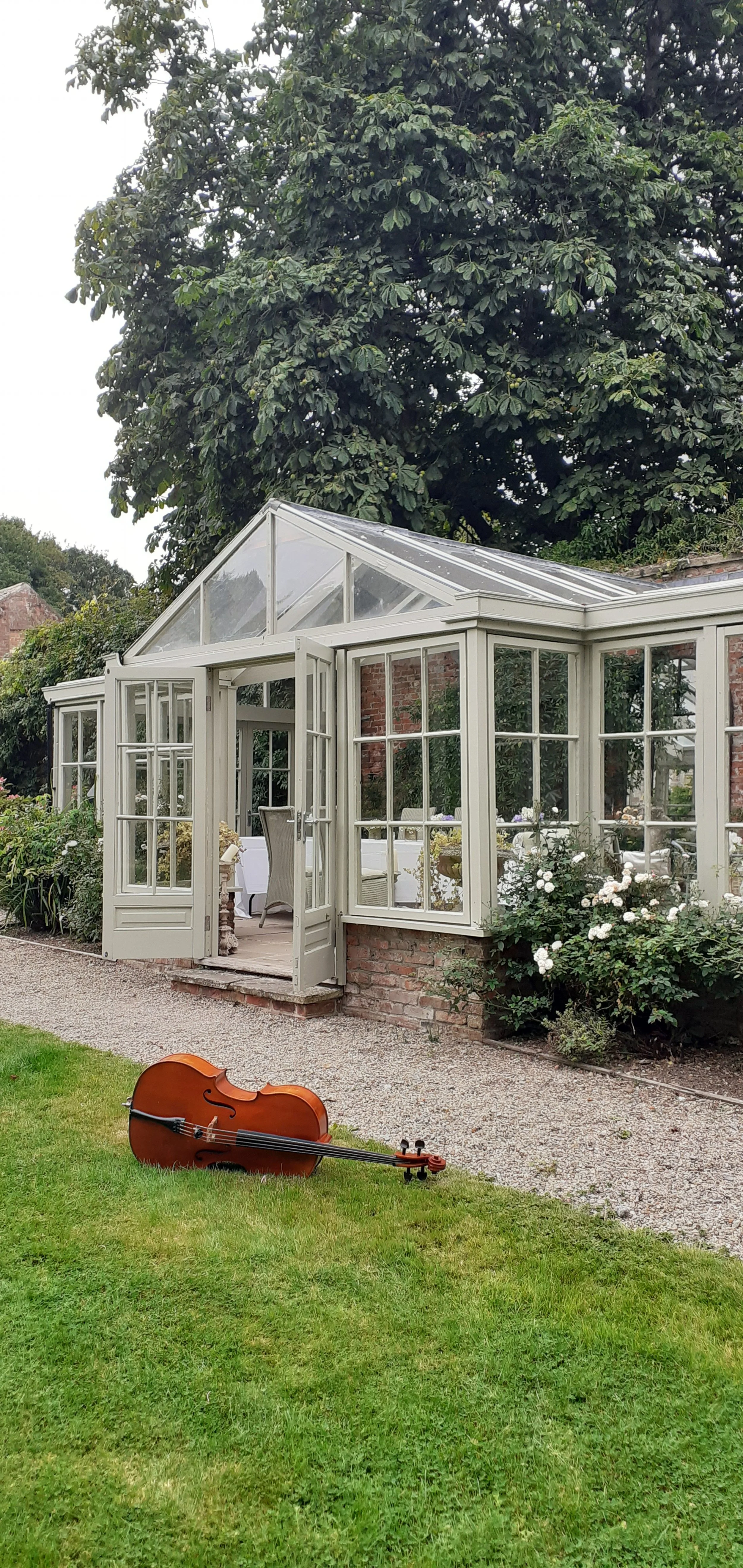 A white brick conservatory with large glass windows and a glass roof, surrounded by a garden with bushes and flowers, and a cello resting on the grass in the foreground.