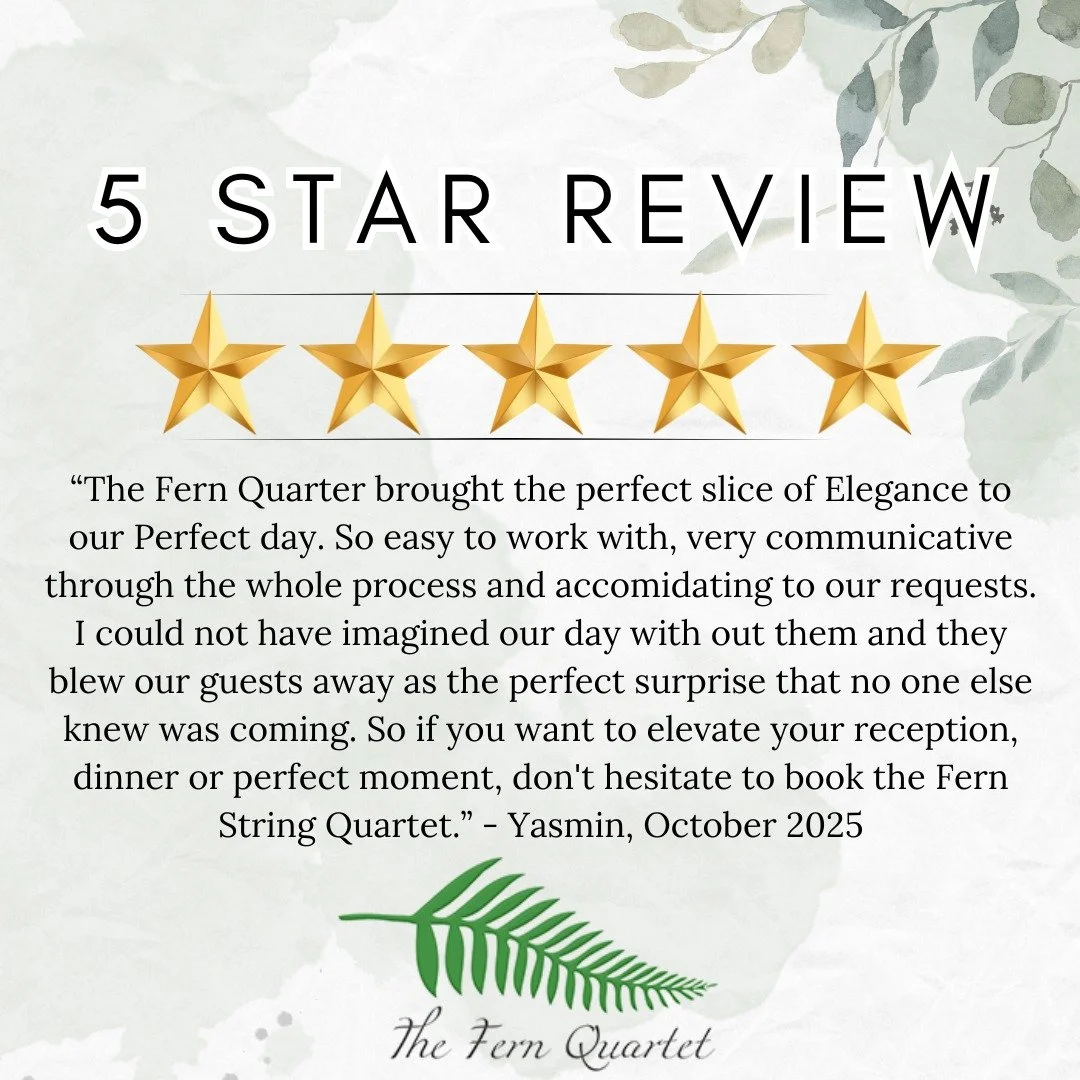 ⭐️⭐️⭐️⭐️⭐️
5 STAR REVIEW!
The Perfect slice of Elegance - Yasmin (Bride)
&ldquo;The Fern Quarter brought the perfect slice of Elegance to our Perfect day. So easy to work with, very communicative through the whole process and accomidating to our requ