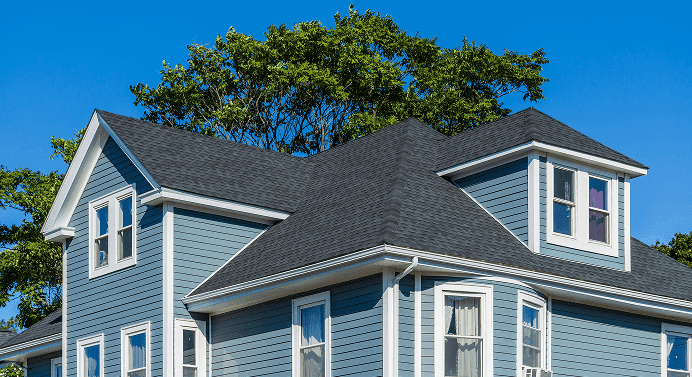Blue house with new siding and roofing, set against a clear sky.