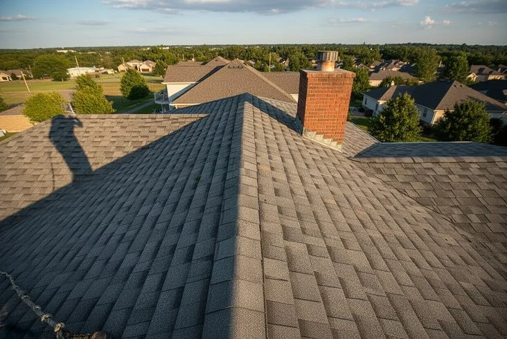 Completed gray-brown architectural shingle roof with a brick chimney viewed from the ridge overlooking a suburban neighborhood at golden hour