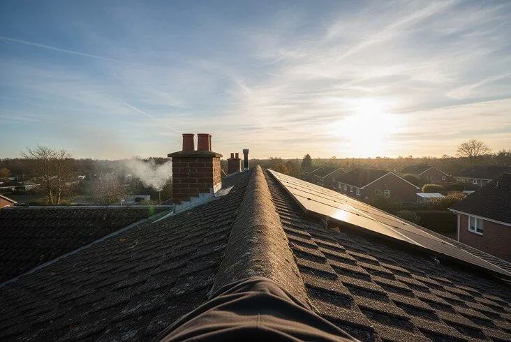 Rooftop view along the ridge cap of a shingled roof at sunset with brick chimneys and a residential neighborhood in the background