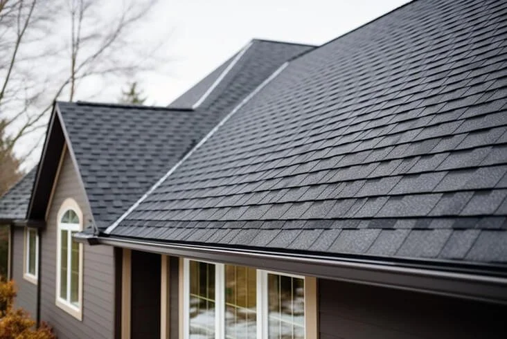 lose-up of dark charcoal architectural shingles on a clean roofline with precise ridge cap detailing on a gray-sided home