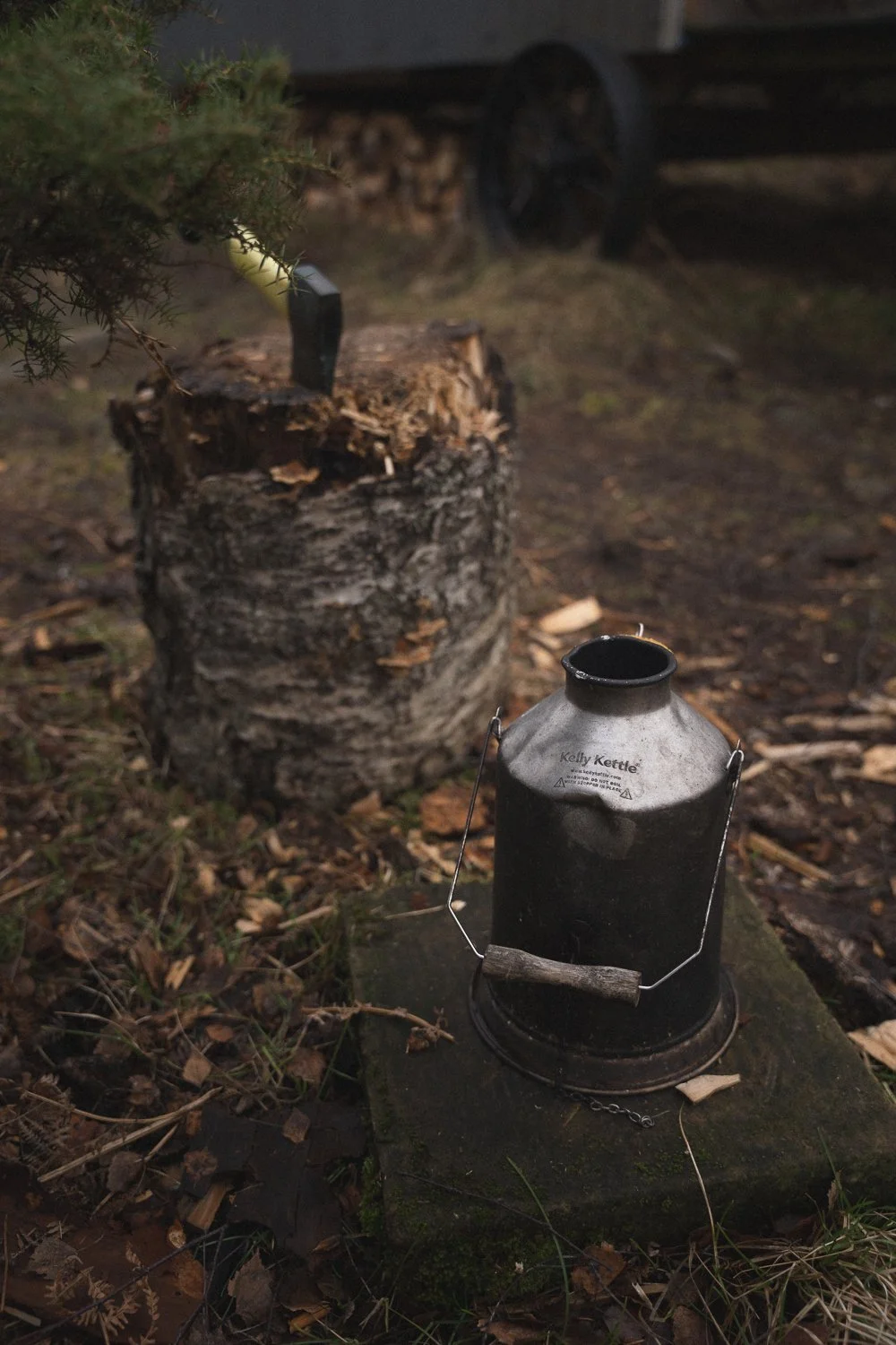 Chop your own wood with axe provided and fill kettle with water.