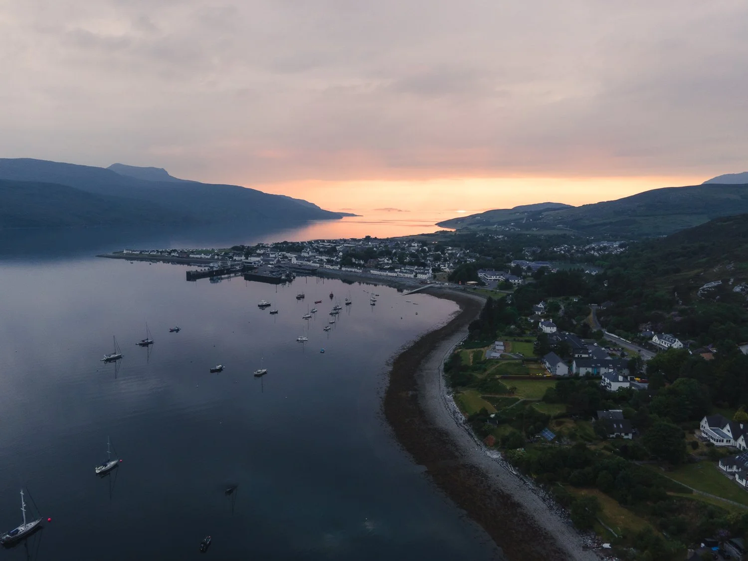 Aerial view of Ullapool during sunset.