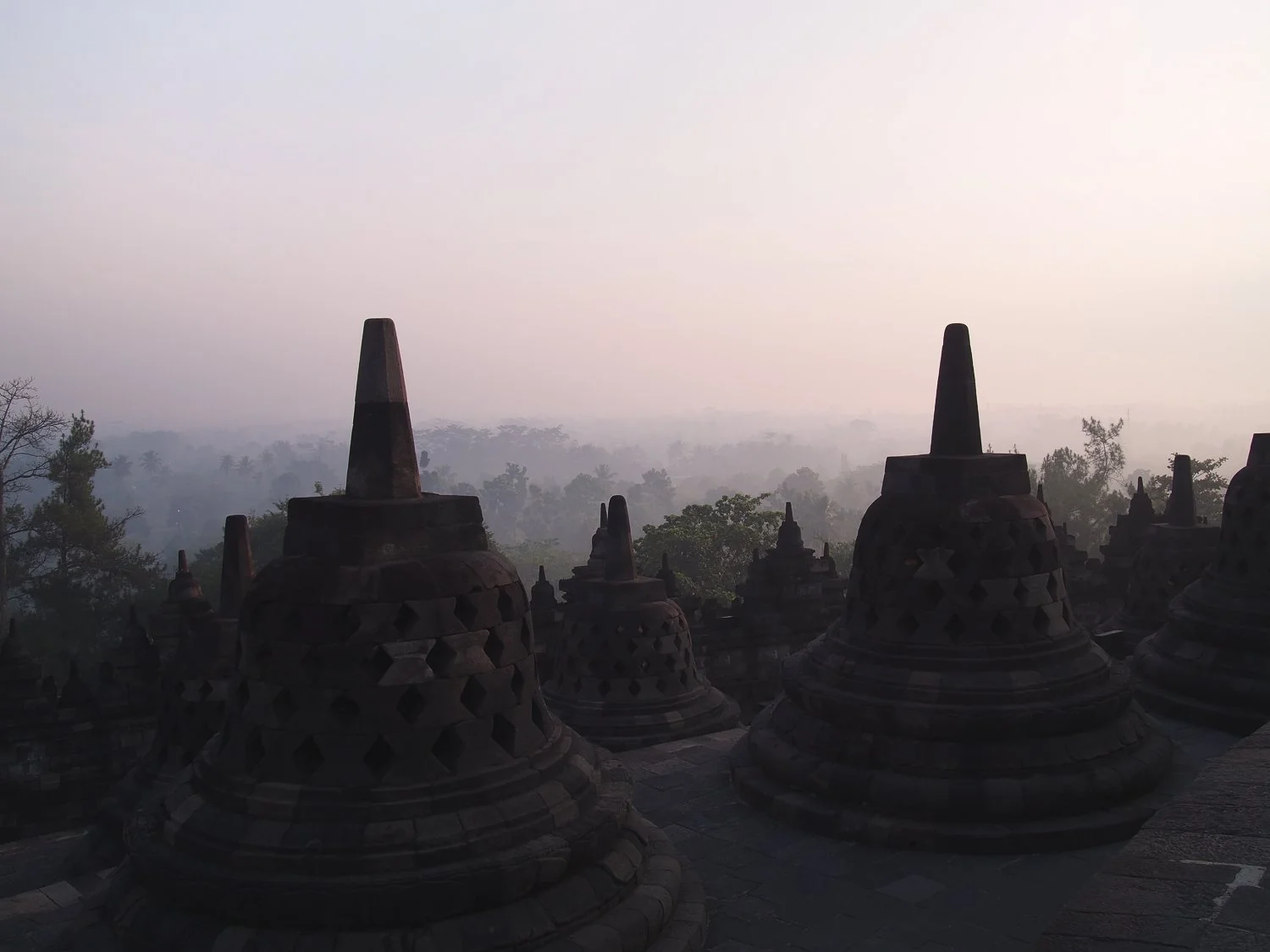 A misty morning at Borobudur in Indonesia. 