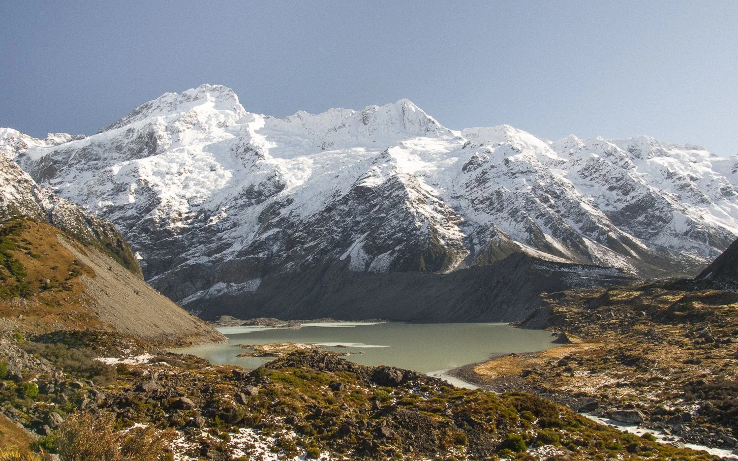 Breathtaking views of glacier lake and snow capped mountains.