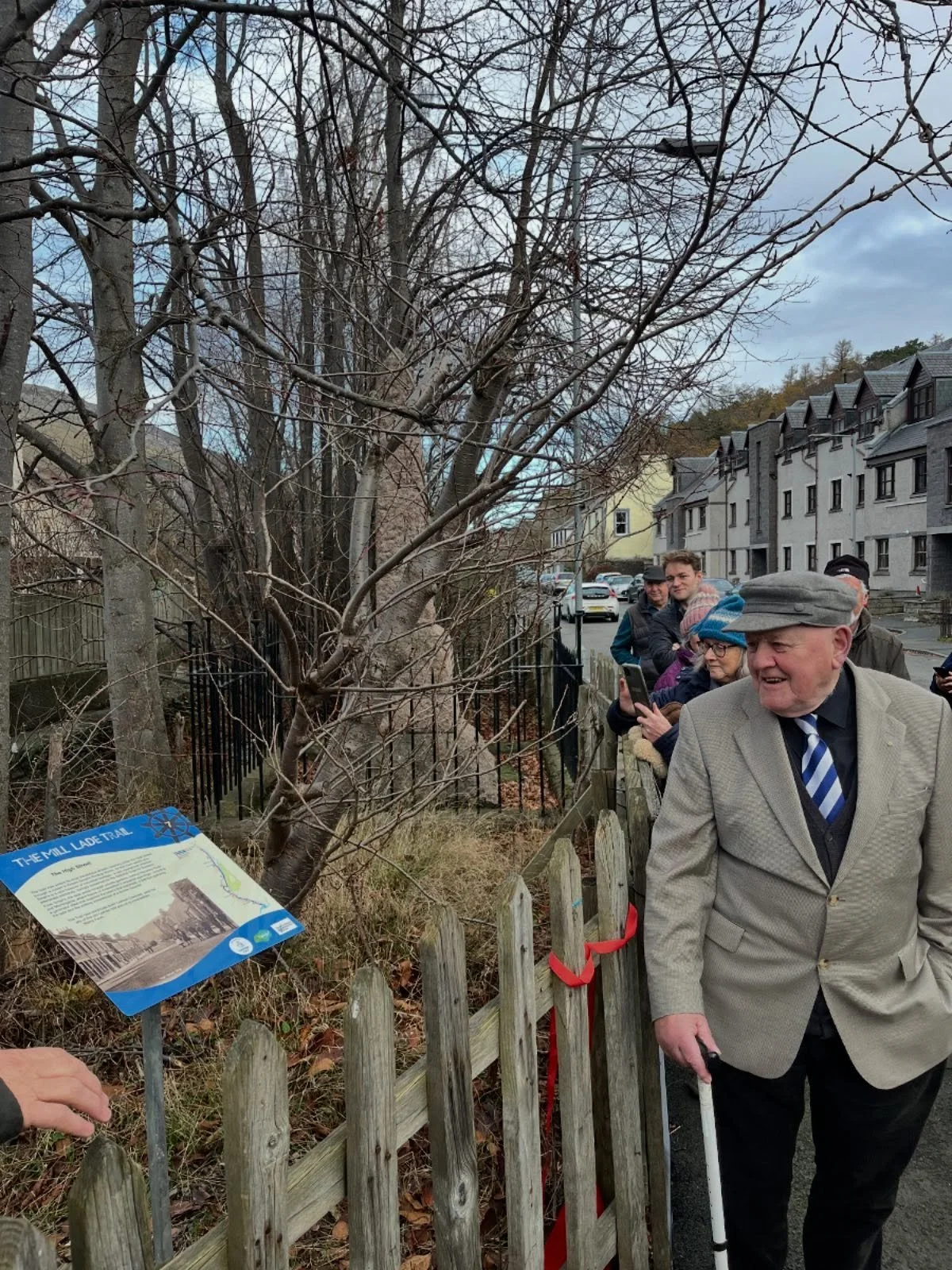 A special moment as Ian Lunn opens the Innerleithen Mill Lade Trail.  Ian is a great authority on &lsquo;the dam&rsquo; and from a personal standpoint worked with three generations of my Wilson family in Waverley Mills.  Delighted that Ian&rsquo;s st