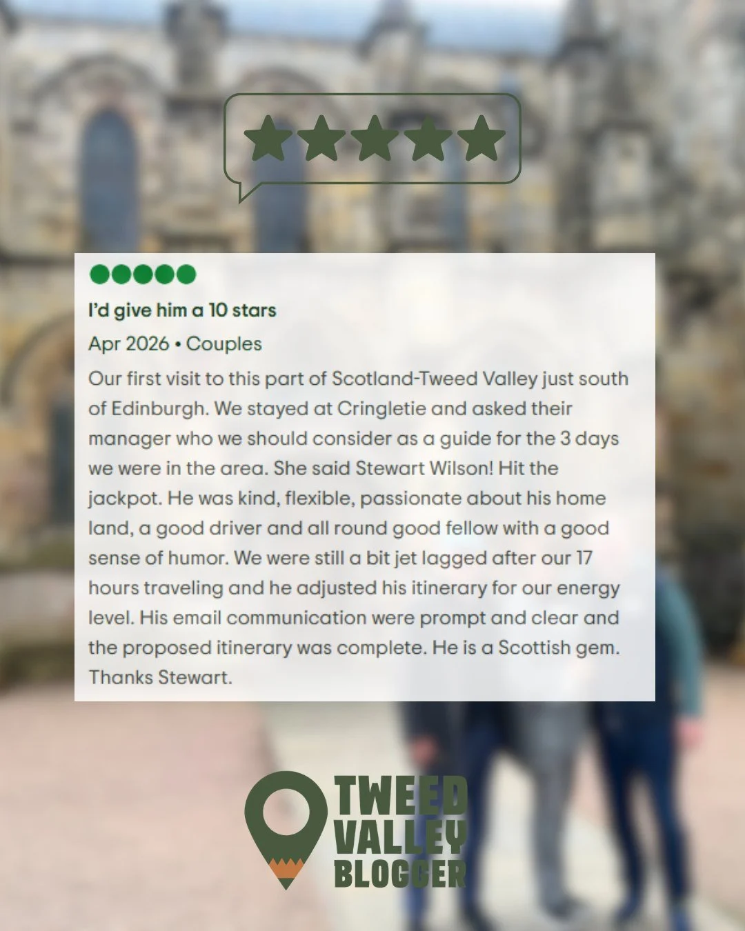 &ldquo;I&rsquo;d give him 10 stars.&rdquo;

Linda and Norm travelled 17 hours to reach the Tweed Valley, trusted @cringletie's recommendation (thank you!) and put their first adventure in the south of Scotland in my hands.

I shaped three days around