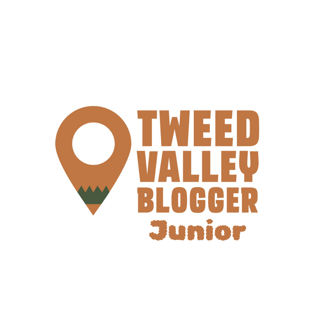 Logo for Tweed Valley Blogger Junior with a stylized map marker shaped like a pencil tip, in brown and green colors.