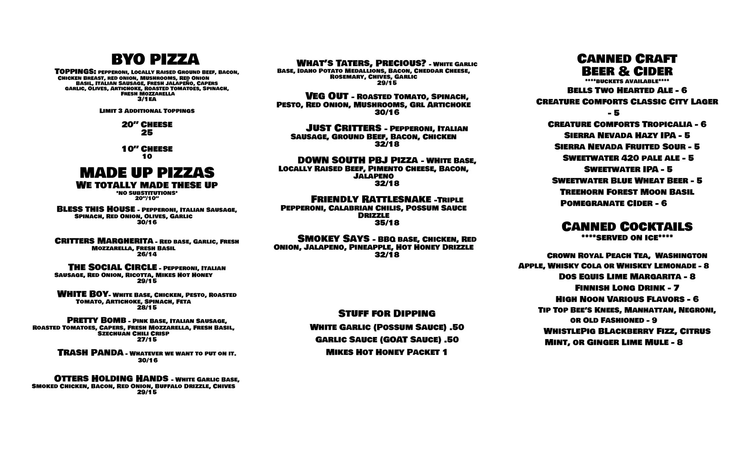 Menu — Critters Outdoor Pizza