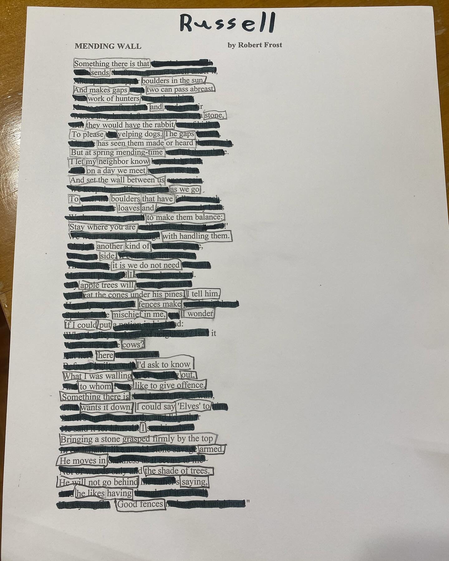 Black out poem by Russell E. Wicks, 5th grader

Written at a poetry program hosted by Geraldine librarian, Sami Jo Summers. Poem inspired by a Humanities Montana Montana Conversation speaker Lowell Jaeger. Accessible humanities programs ripple beyond