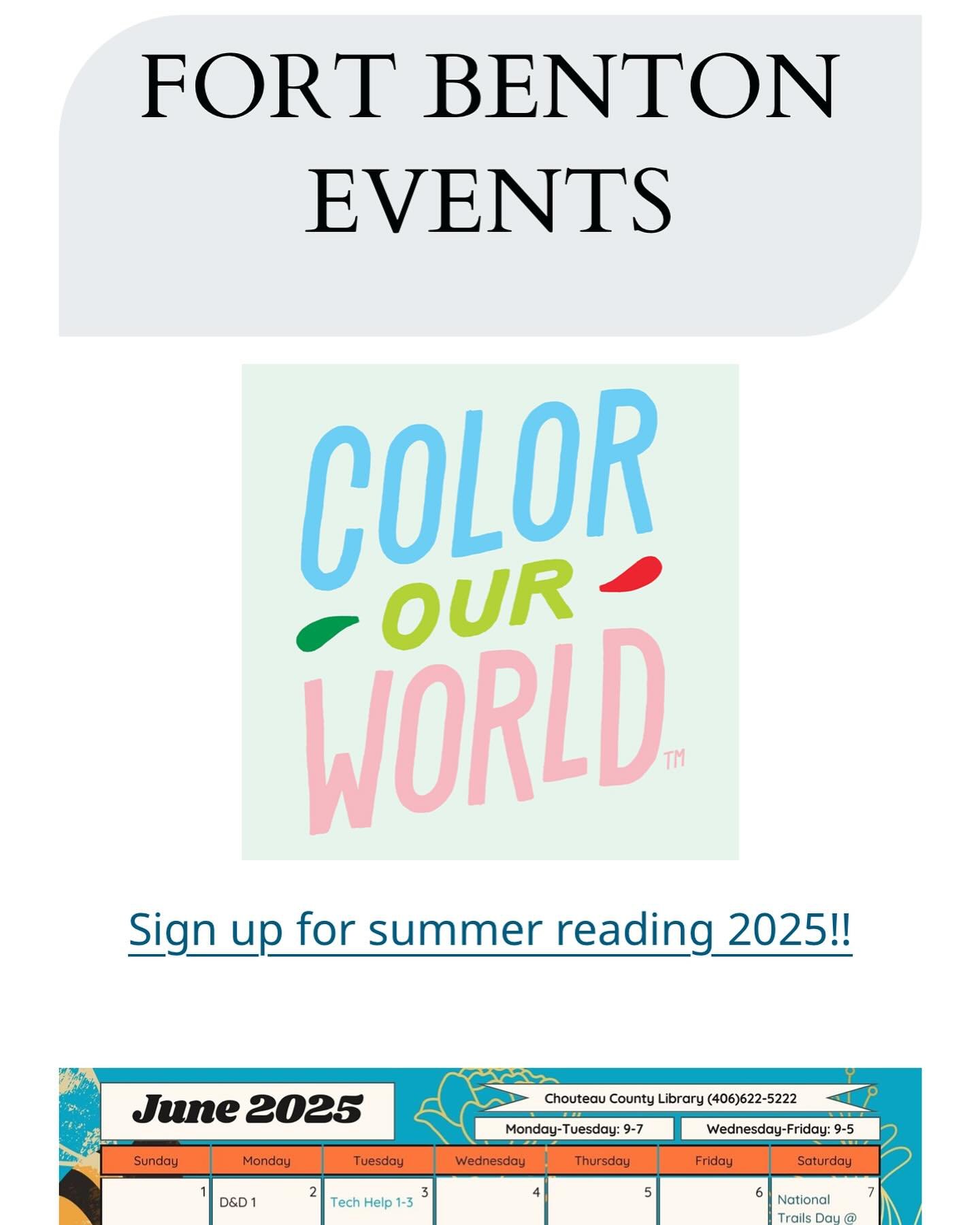~Today Is~

Today is a good day to #checkout the #fortbentonlibrary webpage for Summer Reading 2025 upcoming events! You can access the online calendar as well as register your child(ren) for events that Color Our World!

Visit: https://www.chouteauc