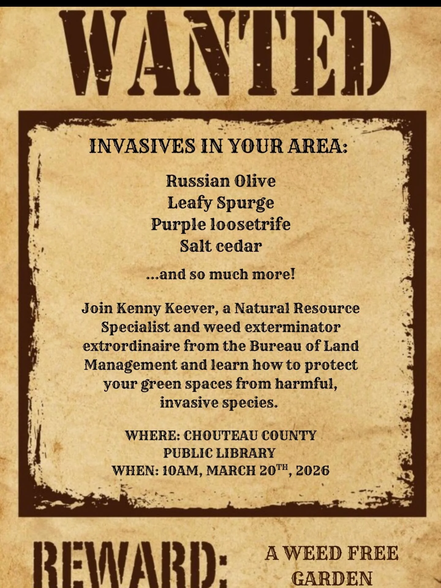 ~Today Is~

Today is a great idea to mark your calendar for the invasive weed presentation on Friday, March 20th at 10 a.m. at the #fortbentonlibrary.

Join Kenny Keever, a natural resource specialist and weed exterminator extraordinaire from the Bur