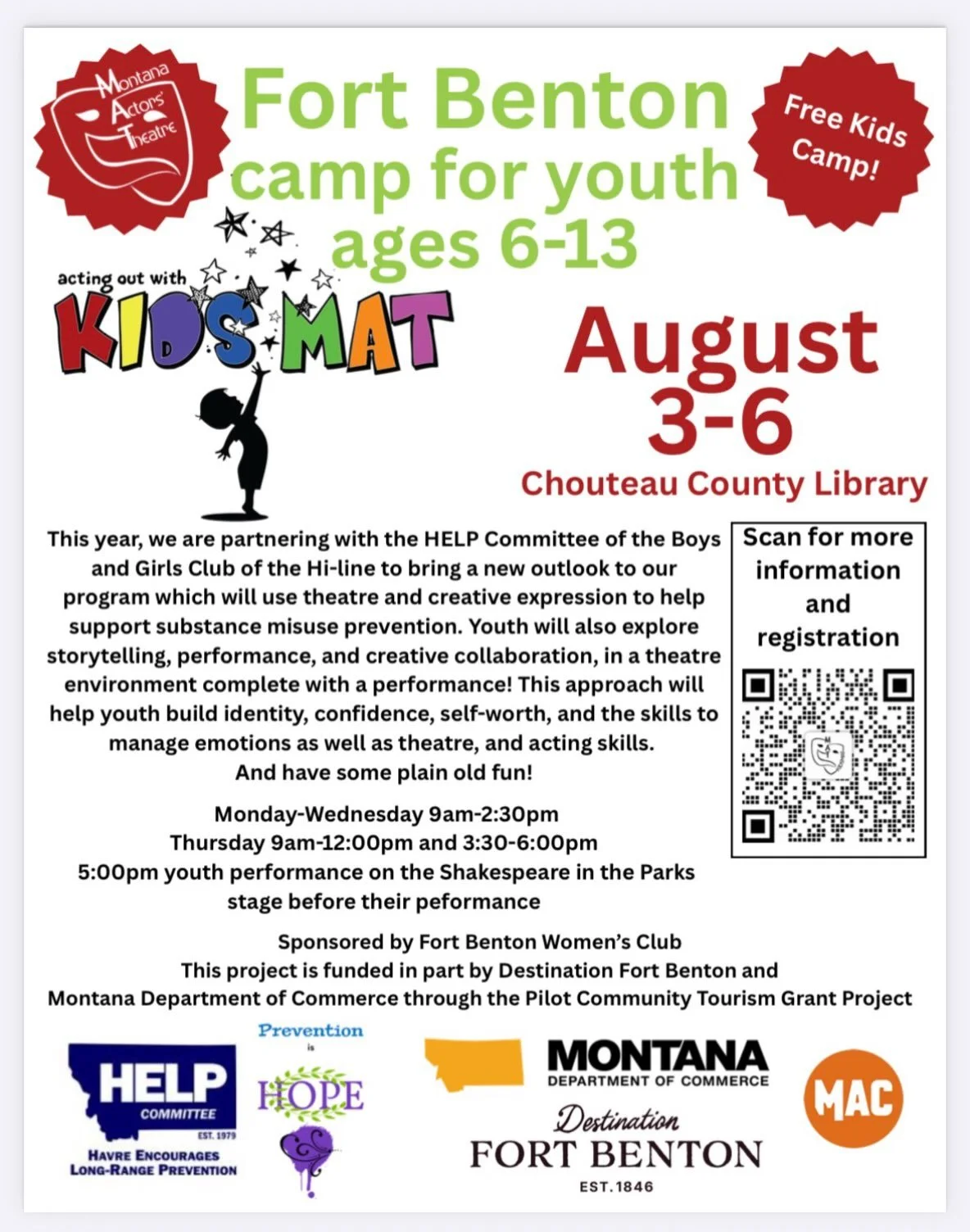 ~Wonder Wednesday~

Have you been wondering if the kids theater program is happening again this summer?

It is!

What: Acting Out with Kids MAT (Montana Actors&rsquo; Theatre)

When: August 3-6
&bull;Monday-Wednesday, 9 a.m.-2:30 p.m.
&bull;Thursday,