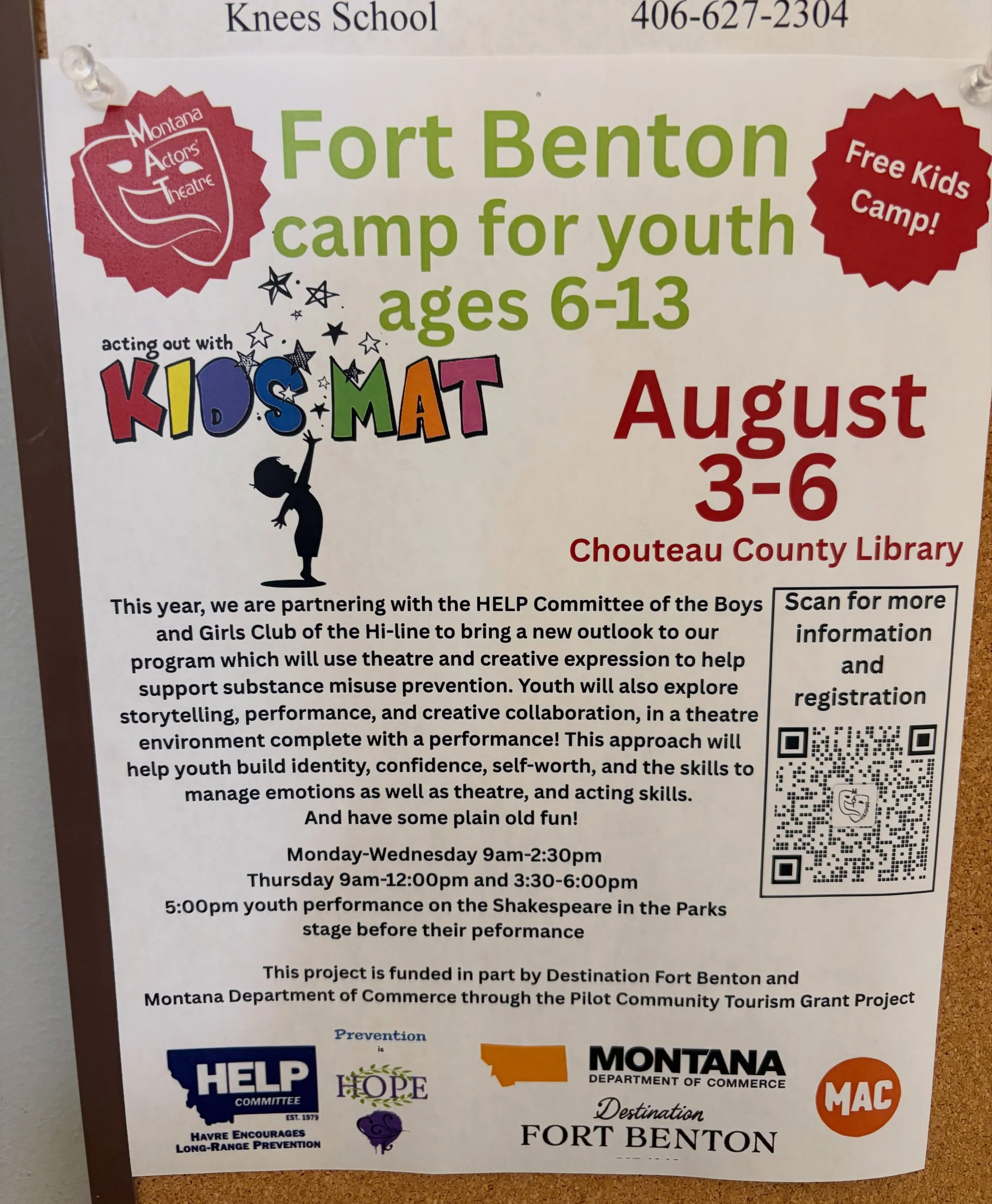 ~Today Is~

Today is a good day to register your 6-13 year old for this year&rsquo;s KidsMAT summer session!

What: Acting Out with KidsMAT (Montana Actors&rsquo; Theatre)

When: August 3-6
&bull;Monday-Wednesday, 9 a.m.-2:30 p.m.
&bull;Thursday, 9 a