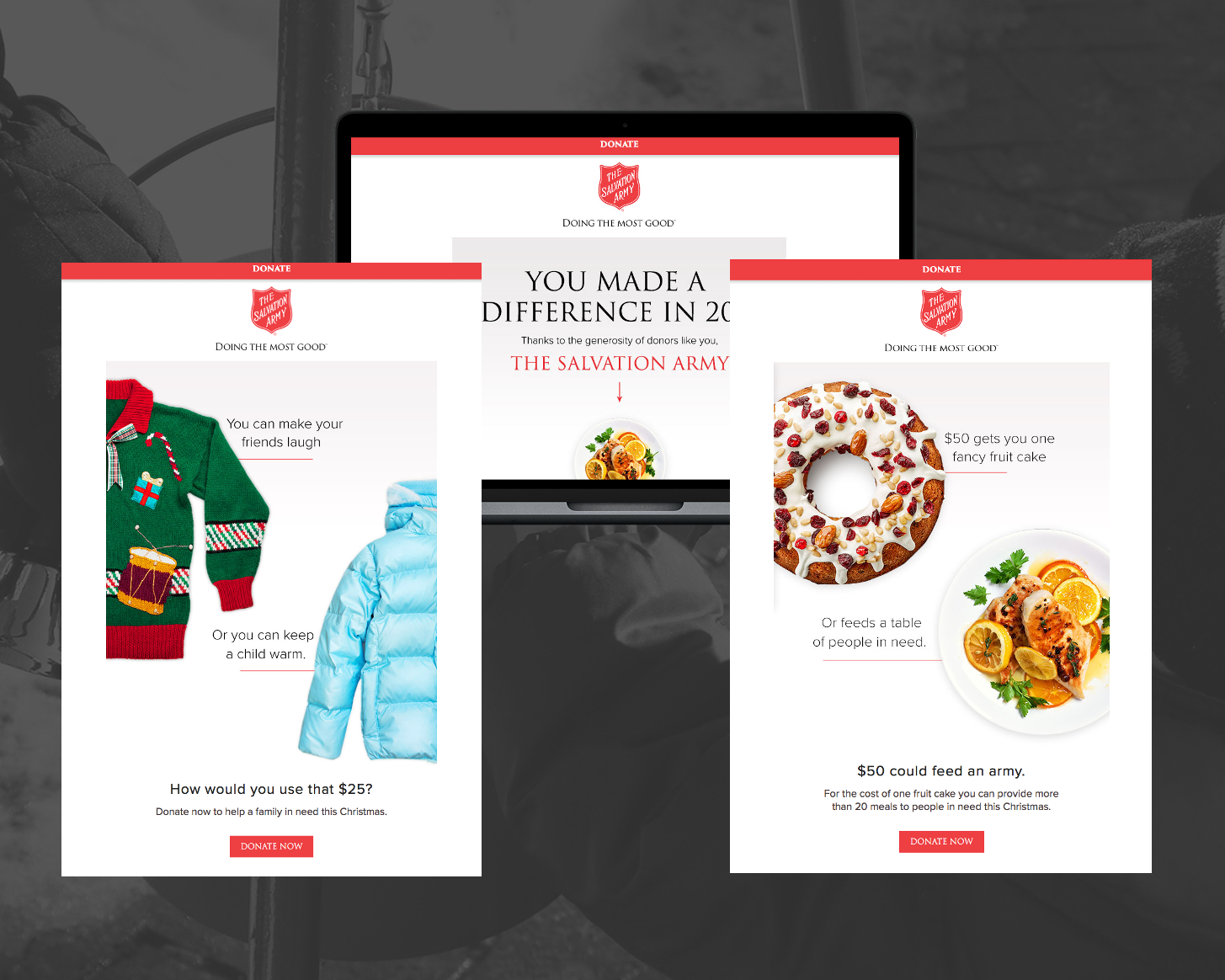 Screenshots of Salvation Army donation pages featuring Christmas-themed clothing, holiday food items, and messages about charitable giving.