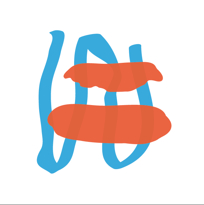 Student work: Abstract logo with blue wavy lines and orange shapes.