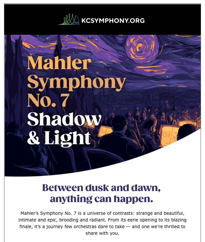Concert poster for Mahler Symphony No. 7 'Shadow & Light' featuring an orchestra performing outdoors under a starry sky with a swirling moon, with the tagline 'Between dusk and dawn, anything can happen.'