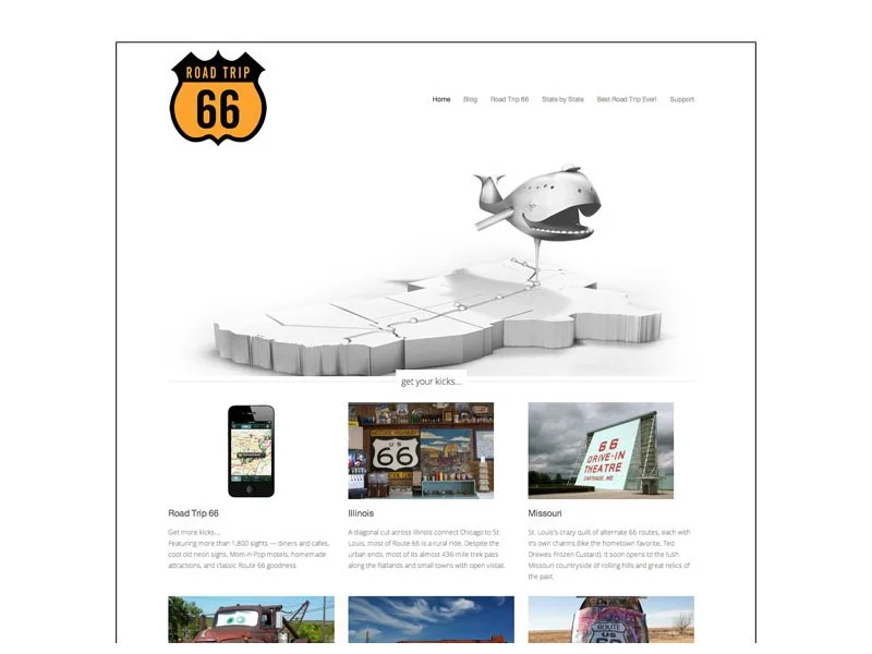 Homepage of a website dedicated to Route 66 road trip adventures, featuring a cartoon whale on a map, a phone displaying a map, and photographs of landmarks in Illinois and Missouri.