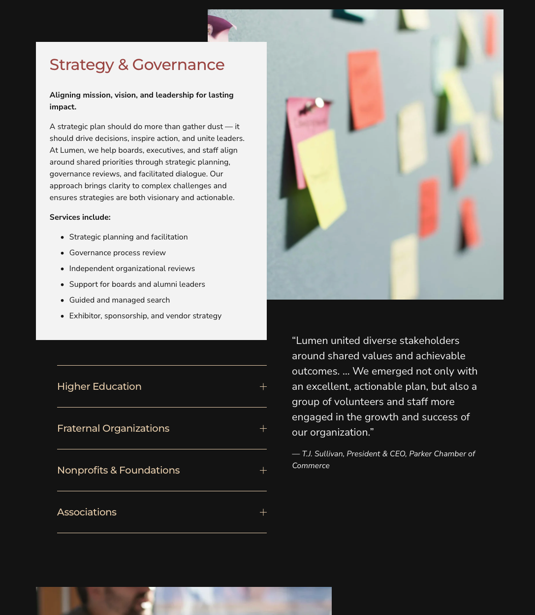 A brochure or presentation slide on strategy and governance, with a section of sticky notes on a board, and a quote from T.J. Sullivan, President & CEO of Parker Chamber of Commerce.