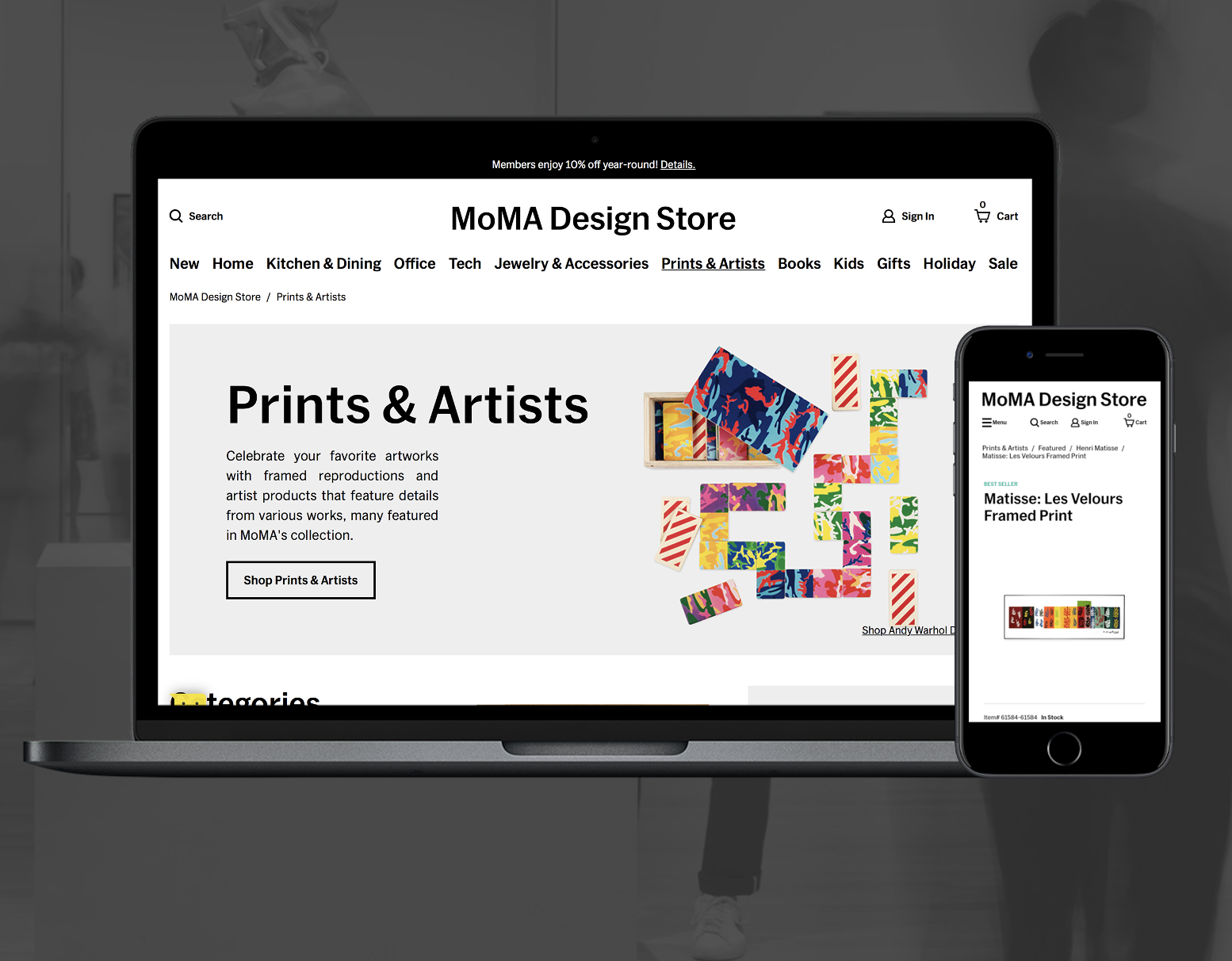 Screenshot of MoMA Design Store website's Prints & Artists page, displaying colorful patterned prints on a laptop and smartphone screens.