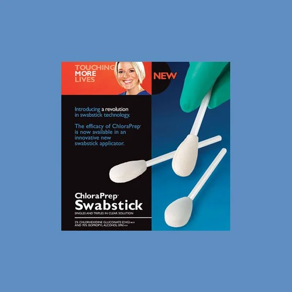Packaging for ChloraPrep Swabstick, a new swabstick technology for infection control, featuring a woman smiling on the label and a close-up of the swabsticks.