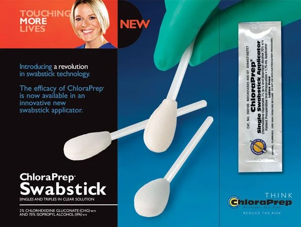 Packaging box of ChloraPrep Swabstick with swabsticks and a single-use packet on a blue background, featuring a smiling woman in the corner.