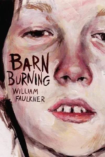 Student work of a book cover with a distressed woman's face with the words 'BARN BURNING' and 'William Faulkner' painted on it.