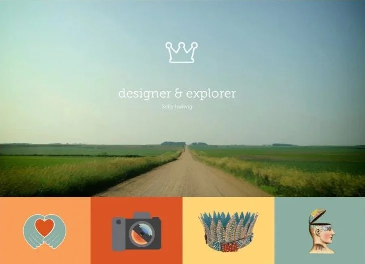 Landscape with a dirt road leading into a flat, open countryside under a clear sky. Overlay text reads "designer & explorer" by Kelly Ludwig, with a crown icon above.