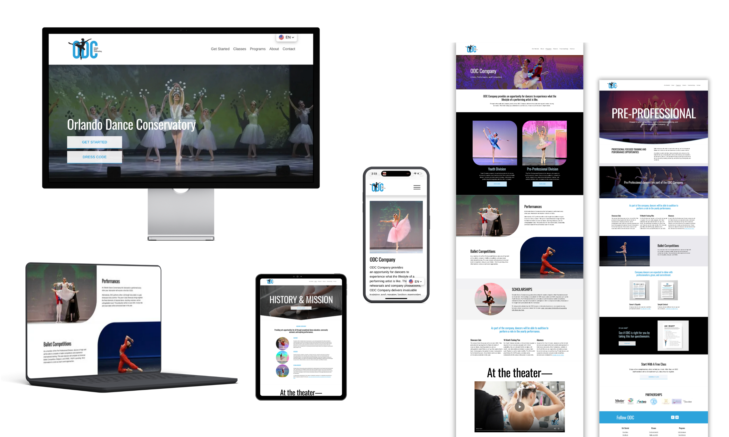 Collage of various website mockups for a dance conservatory, featuring children performing ballet and dance classes on screens of different devices